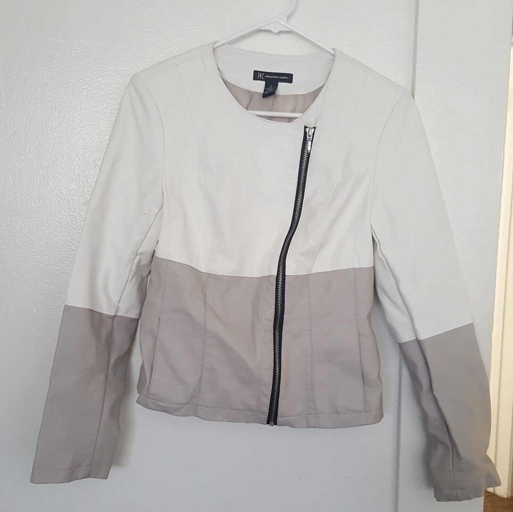 INC Size S Greige and White Moto Jacket